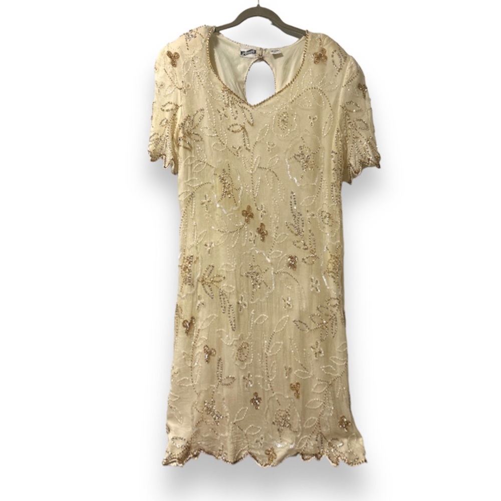 Vintage Amor Beige Beaded Floral Silk Dress Hollywood Screen Worn George & Tammy